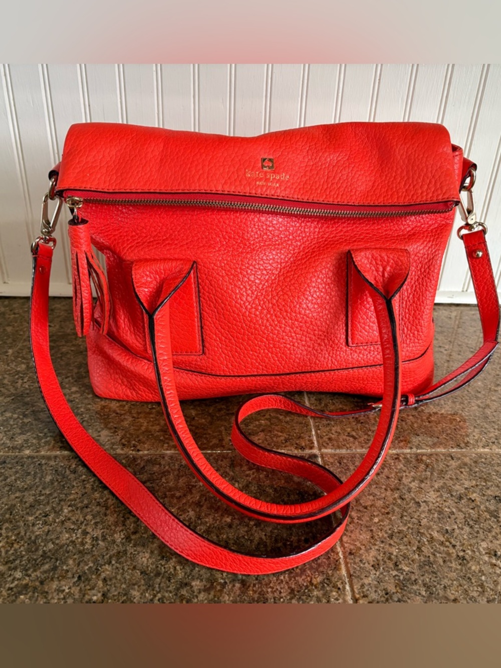 kate spade Orange Pebbled Leather Shoulder Bag with Tassel